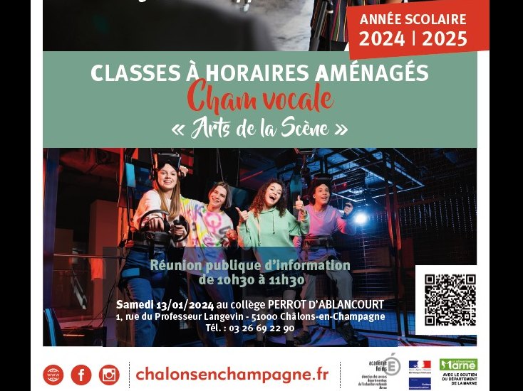 Affiche de « Réunion publique d’information CLASSES A HORAIRES AMÉNAGÉS CHAM VOCALE « Arts de la Scène » »